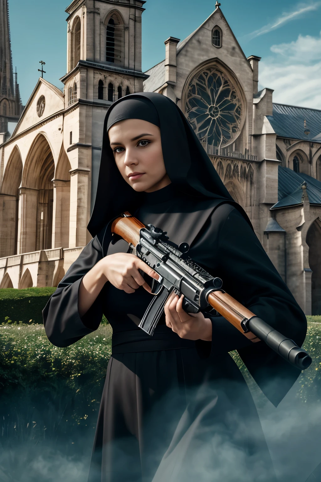 best quality, 8k, high resolution, ultra-detailed, extremely detailed, top quality, realistic, nuns with guns, a beautiful nun holding a large machine gun, a cathedral in the background, beautiful outdoor scene, ethereal fantasy, surrealist, dreamlike imagery