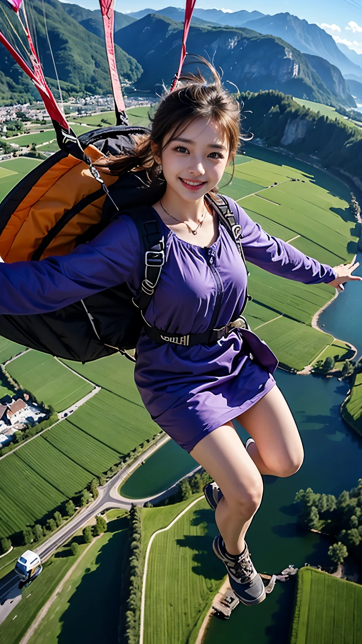 Beautiful 18 Years Korean Girl, Paragliding On switzerland alaps valley, ((On air)), ((Paragliding)), Solo, Air, Realistic, Ultra HD, 8k unity walpaper, Ray Tracing, Beautiful smile, (smile:1.2), Purple Knee length frock, detailed background, Detailed skin, detailed dress , 