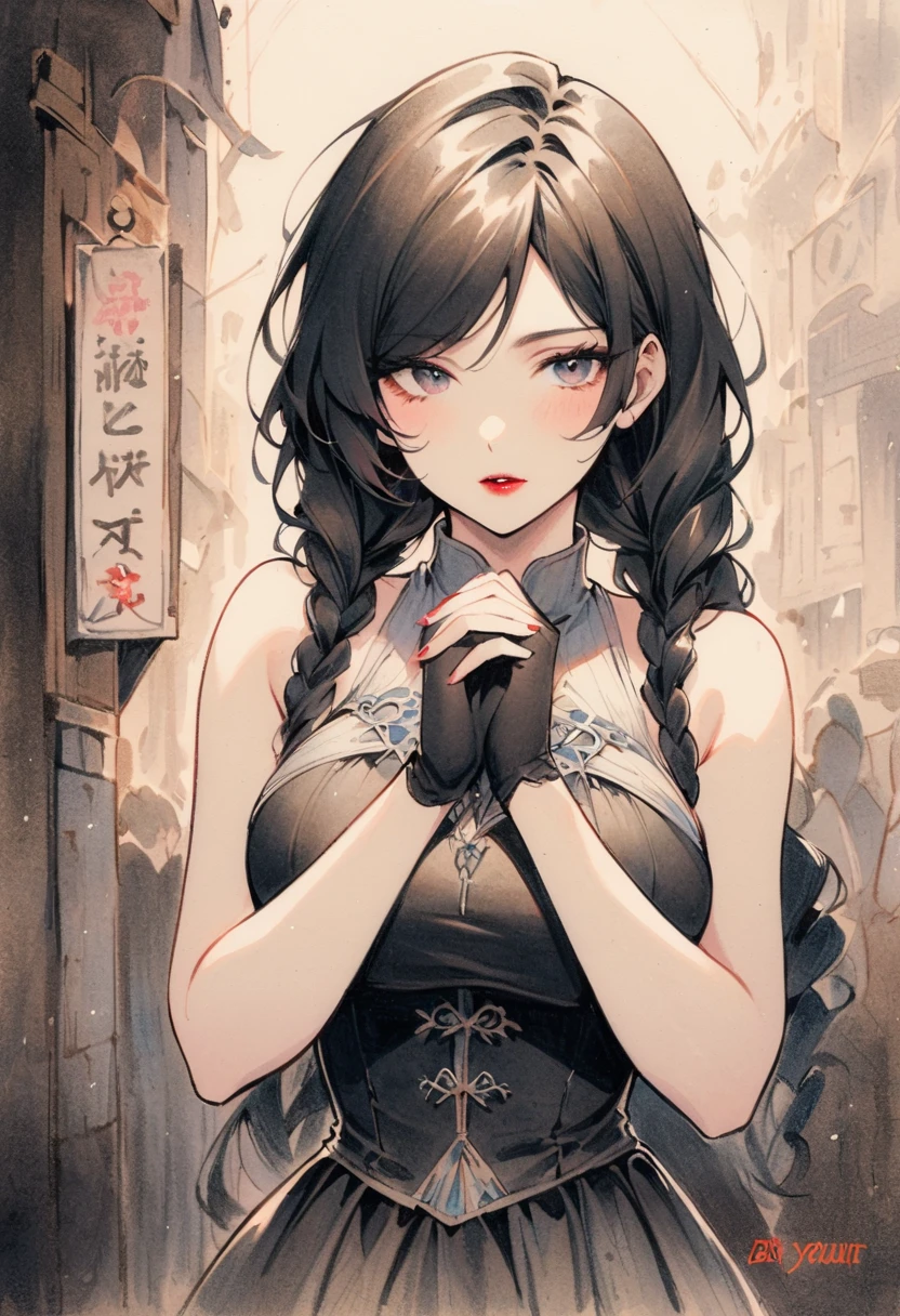 Lin Mingmei, 1 girl, alone, monochrome, braid, looking at the audience, skirt, long hair, traditional media, sign, Bangs, cosmetic, Put your hands together, black hair, Upper body, lipstick, drill hair, artist name, twin braids, bridal gloves, sleeveless