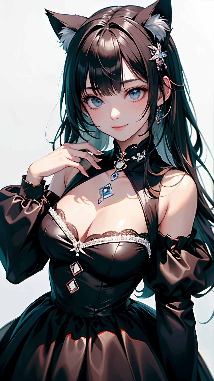 (highest quality, masterpiece, High resolution)、(anime art)、,cinematic light、soft light、girl、black hair、Black cat costume、cat ears、  hair ornaments、choker、enchanting smile、Medium chest、Nyan Pose、((white background))、