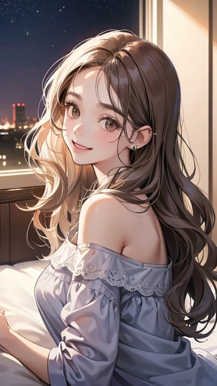 Best Quality、Night view outside the window、Lie down、Prone、sleep、The back is visible、Looks Back、light brown-skinned、s Pajamas、bath robe、Long hair、femele、A smile、half eyes、独奏、slightly close eyes、Very cute、、turned around、Midnight Elbow、Brown hair、、I want to blush、Bedroom、、on the bed、Twilight Lamp、Beckoning、Flower hairpin on the head