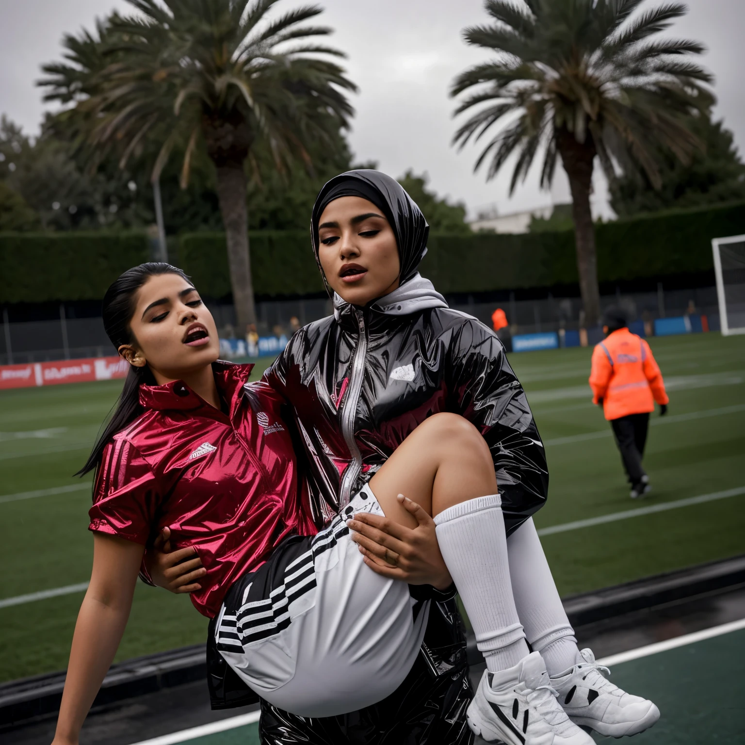 a desparated arab muslim hijabi-girl is standing in a laquered and very shiny quilted coat and carries a man in matte sportswear in her arms, a shouting arab muslim-woman carries a man in dull sportswear, a woman carries in her arms a male soccer player in cotton sportswear, rainy weather, rainfall, humid, girl carries guy, lift and carry, an excessively madeup arab veiled girl in a high-shine wet black latex downcoat, a soccer scene, a soccer injury, first aid carry at a soccer match, a young madeup latino-girl in a shiny black vinyl downjacket, a madeup arab girl in a shiny plastic-downcoat, a very sad and desperately crying latino-girl, an intensely madeup latino-girl in a glossy black vinyl-downcoat, latino-girl with lipstick, muslima-girl with smoky eyes, dramatic action pose, woman that is carrying a skinny shorthaired man, there is a beautiful woman in a shiny coat who is carrying a shorthaired blond man in her arms, a longhaired beautiful woman in a high-shine black puffy coat, a longhaired woman in a shiny downcoat, a woman is carrying a shorthaired man who is wearing black shorts, a weak shorthaired man in black shorts is consciousless and needs to be carried, a shorthaired man with closed eyes is carried in the arms of a longhaired latino-woman, a latino-woman looks very scared and terrified, a consciousless shorthaired man with closed eyes is suffering very much and has a very painful face, photo, photo shoot, photographed, arafed man being carried by a woman, very realistic, very very realistic, hyper-realistic, hyper - realistic, hyper realistic, jacket over bare torso, very disturbing, very hyperrealistic, super realistic, hyperrealistic!, extremely realistic, very very very realistic, super-realistic realistic, super-realistictic!, extremely realistic, very very very realistic, super-realistic realistic, super-realistic, veiled arab woman's face, a completely matte and very dull cotton fabric soccer jersey on a male shaped torso