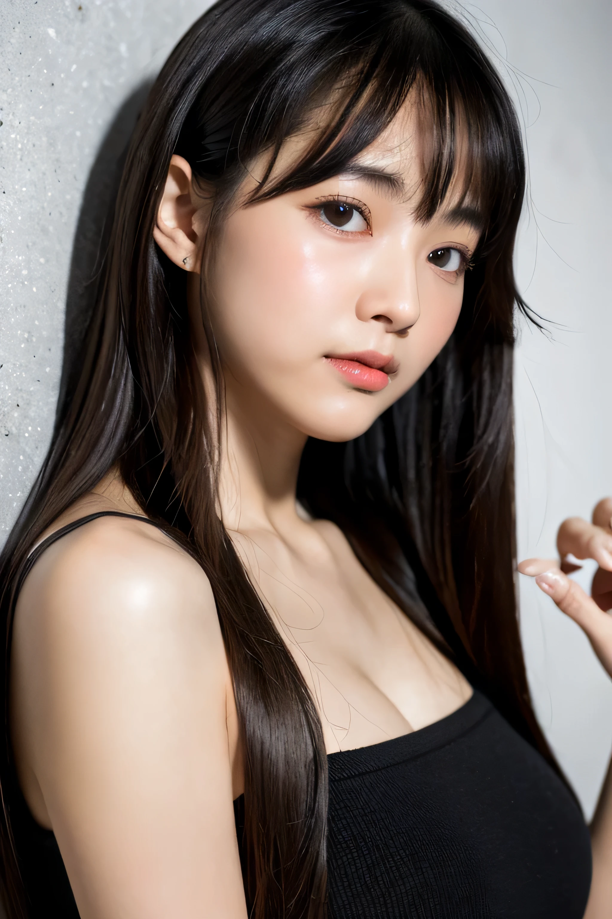((highest quality)), ((masterpiece)), (be familiar with), perfect face ((highest quality)), ((masterpiece)), (be familiar with), perfect face arafed woman with long black hair standing in front of a wall, long black shiny hair, black silky hair, Extra Dark Natural Black Hair, long straight black hair, long black straight hair, Perfect silky straight hair, straight black hair, long black hair, her hair is long and straight, detailed long black hair (Extremely huge breasts 1.8) (super long hair down to ankles) One female Japan's sexiest junior high school student neat bangs The neatly arranged bangs are a princess cut that covers the entire forehead. bright red lip (Close-up from neck up) detailed hands detailed fingers five fingers (narrow mouth) natural makeup (head facing forward) Lying on the bed Hands are touching the crotch I'm masturbating professional photographer five fingers Detailed hair quality detailed skin texture sensual look erotic expression expression of pleasure Take a picture of the whole body