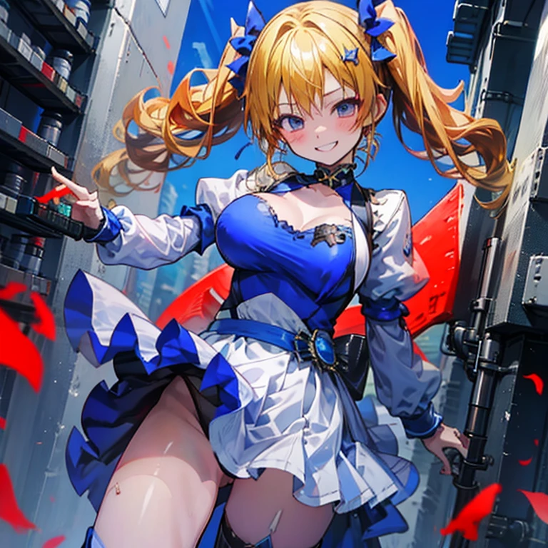 One girl, idol, bewitching dancing beautiful, intense dancing, jumping. Girl (erotic face, smile, blond hair, twin tails, big tits, fashionable outfit, idol outfit). Stage (beautiful city, beautiful blue sky).