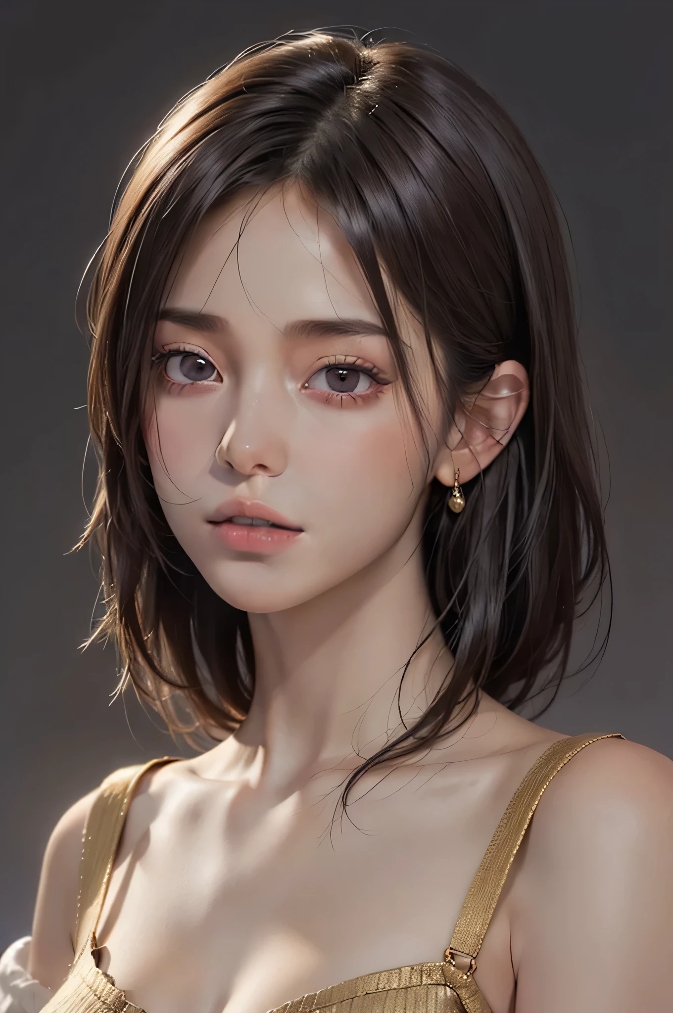 (Representative works: 1.3), (8K, realistic, RAW photo, best image quality: 1.4), (30 year old mature woman),small face, beautiful face, (realistic face),no makeup、natural makeup、light makeup、 (Dark brown, short hair: 1.3), beautiful hairstyle, realistic eyes, detailed and beautiful eyes, (realistic skin), beautiful skin, (sweater),、Bust A cup、 confused, charm, 超High resolution, Super realistic, High resolution, golden ratio, ff tifa、gray background、