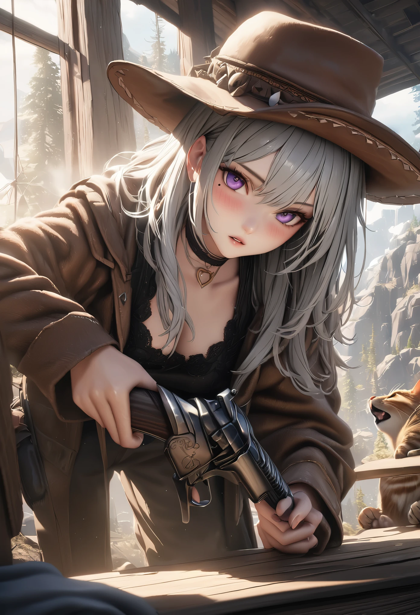 masterpiece,highest quality, Super detailed, High resolution, expensive resolution, HDR, 4k, 8K, unity 8k wallpaper, Super detailed CG, masterpiece, realistic, 2D, 3D, beautiful details, depth, fine texture , super fine: 1.3, Fully focused, Crispy.skin, .he,
Very cute anime girl 、Desolate wilderness、cowboy styleの衣装、cowboy hat、cowboy boots、hand gun、mexican wilderness、duel、hand gunを持って立っている、long silver hair wearing expensive , one girl、alone, long silver hair, animal ears, Cat ear, cowboy style、cowboy hat、hand gun、duel、cowboy boots、computer、disk、mole under the eye, looking at the viewer , expensive , blush, mole, Cat ear, parted lips, hair ornaments, heart, purple eyes, choker