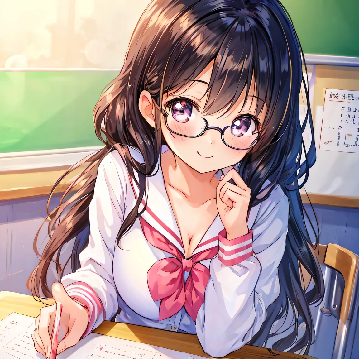 ((masterpiece)), ((best quality)), (ultra-detailed), ((kawaii)), cute, (lovely), illustration, anime style, close-up of face, detailed face, chest focus, classroom, a cute girl, 1girl, solo, sailor uniform, sitting in front of a desk, (beautiful eyes), beautiful black hair, long hair, horseshoe-shaped hairband, large breast, cleavage, glasses, seductive smile, blush, looking up.