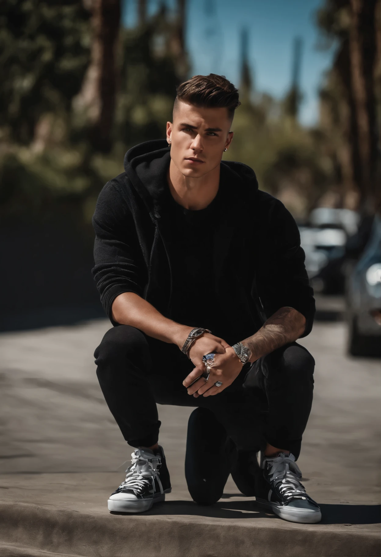 Strong young white man, with dark brown short hair of west coast American style. He is wearing some street wear and designer brands and looks like a rapper. He has on all black and looks fairly intimidating