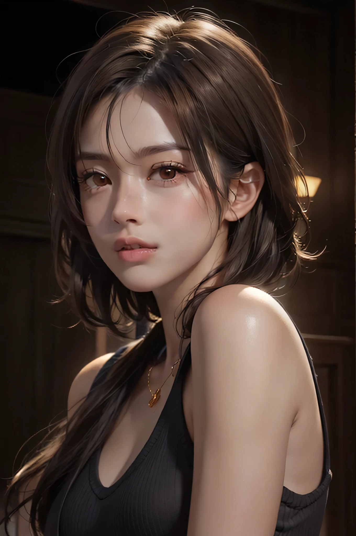 (Representative works: 1.3), (8K, realistic, RAW photo, best image quality: 1.4), (30 year old mature woman),small face, beautiful face, (realistic face),no makeup、natural makeup、light makeup、 (Dark brown, short hair: 1.3), beautiful hairstyle, realistic eyes, detailed and beautiful eyes, (realistic skin), beautiful skin, (sweater),、Bust A cup、 confused, charm, 超High resolution, Super realistic, High resolution, golden ratio, ff tifa、gray background、