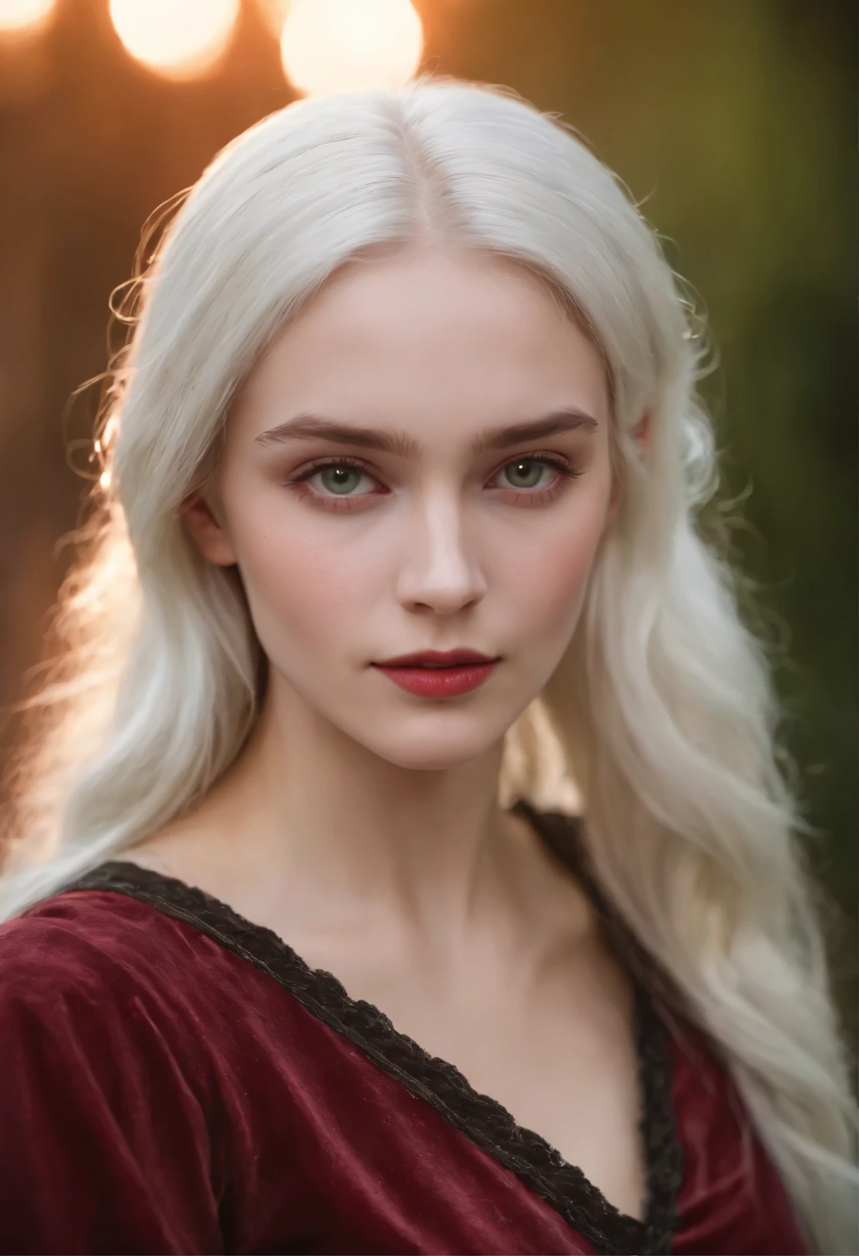 (((a deep reddish wound crosses her left cheek))) fair complexion, woman around 19 years old, natural white hair, distinctive green eyes, wearing kohl, slender and graceful, beautiful, candlelight in a medieval setting, ultra sharp focus, realistic shot, medieval female clothes, tetradic colors (scar:1.4)