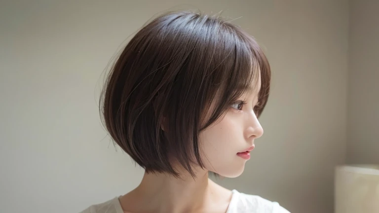 (bob cut hair, profile:1.2),(wearing a blouse:1.2),1 girl,Japanese,21 years old,(small breasts:1.3),(highest quality,masterpiece:1.3,超A high resolution,),(Super detailed,caustics),(Photoreal:1.4,RAW shooting,)ultra-realistic capture,very detailed,High resolution 16K human skin close-up。 natural skin texture、,The pores are、、、、、、、Must be detailed enough to be easily identified。 Skin should look even-toned and healthy。 Use natural light and color, sad expression, look at the camera, perfect dynamic composition, my room