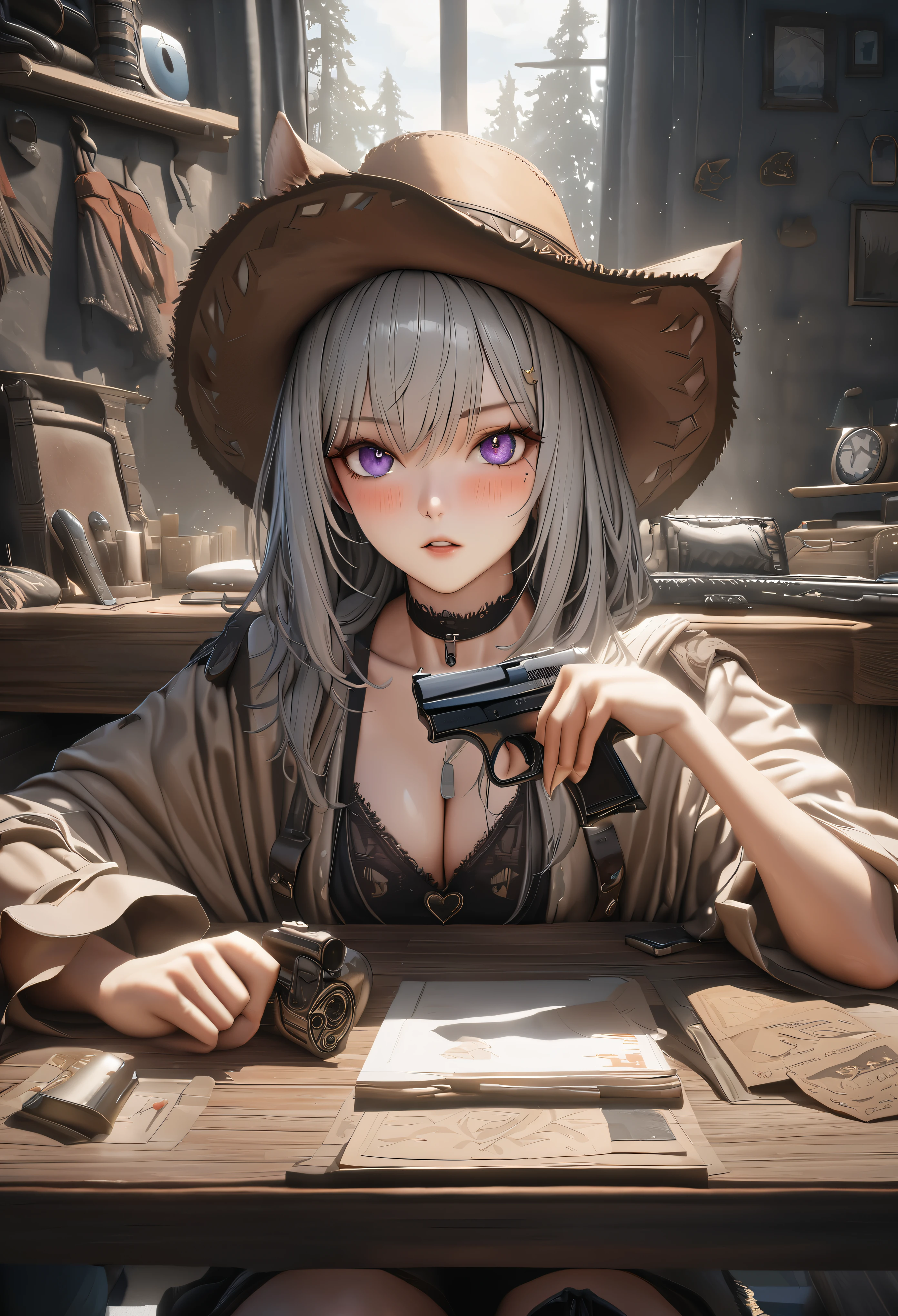 masterpiece,highest quality, Super detailed, High resolution, expensive resolution, HDR, 4k, 8K, unity 8k wallpaper, Super detailed CG, masterpiece, realistic, 2D, 3D, beautiful details, depth, fine texture , super fine: 1.3, Fully focused, Crispy.skin, .he,
Very cute anime girl 、Desolate wilderness、cowboy style costume、cowboy hat、cowboy boots、hand gun、mexican wilderness、duel、Standing with a hand gun、long silver hair wearing expensive , one girl、alone, long silver hair, animal ears, Cat ear, cowboy style、cowboy hat、hand gun、duel、cowboy boots、computer、disk、mole under the eye, looking at the viewer , expensive , blush, mole, Cat ear, parted lips, hair ornaments, heart, purple eyes, choker
