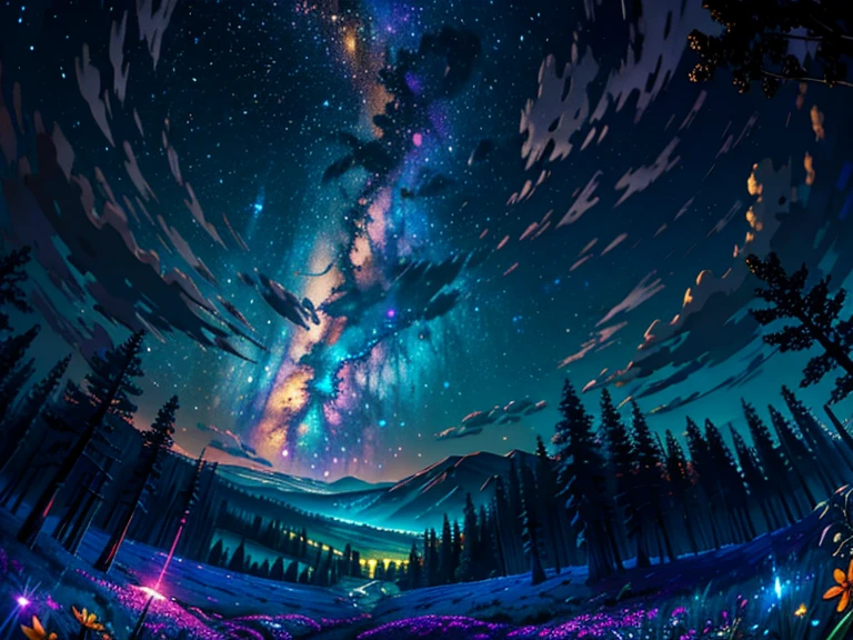 Wide angle landscape photography, (Looking from below, You can see the sky and the forest below..),  Standing in a field of flowers, search, (full moon: 1.2), (shooting stars: 0.9), (nebula: 1.3), distant mountains, tree BREAK production art, (warm light source: 1.2), (firefly: 1.2), lamp, purple & orange, complicated details, Adjust BREAK volume (Masterpiece: 1.2), (Highest quality ), 4k, very detailed, (dynamic configuration: 1.4), Highly detailed and colorful details (rainbow colors: 1.2), (sparkling light, atmosphere light), dreamlike, magical, (alone: 1.2)