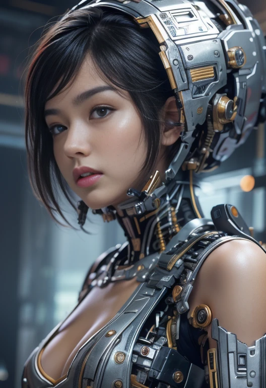 ((masterpiece))), ((highest quality))), ((super detailed)), (ultra real), (Detailed CG illustration), cinematic light, realistic, very beautiful young woman, (beautiful face and lips), intricate details, panoramic, arms, robot arm, cinematic quality, full body, short black hair