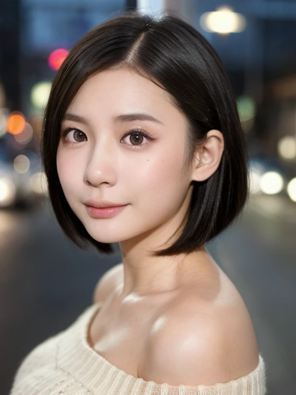 (kawaii 24 year-old Japanese girl, Nogizaka idol, Korean idol), (glossy black hair, pixie cut:1.3), (rounded face, single eyelid, no makeup, soft smiling:1.2), forehead, (wearing off-shoulder knitted onepiece sweater:1.3), (well shaped extra small breasts), (looking at viewer:1.2), BREAK, (at night street in downtown background:1.3), (dynamic angle, face focus:1.3), BREAK, (masterpiece, best quality, photo realistic, official art:1.4), (UHD, 8K quality wallpaper, high resolution, raw photo, film grain:1.2), (shiny skin), professional lighting, physically based rendering, award winning, (perfect ???????, highly detailed skin textures, extremely detailed face and eyes, well drawn glittering pupils), Carl Zeiss 85 mm F/1.4, depth of field, 1girl, solo,
