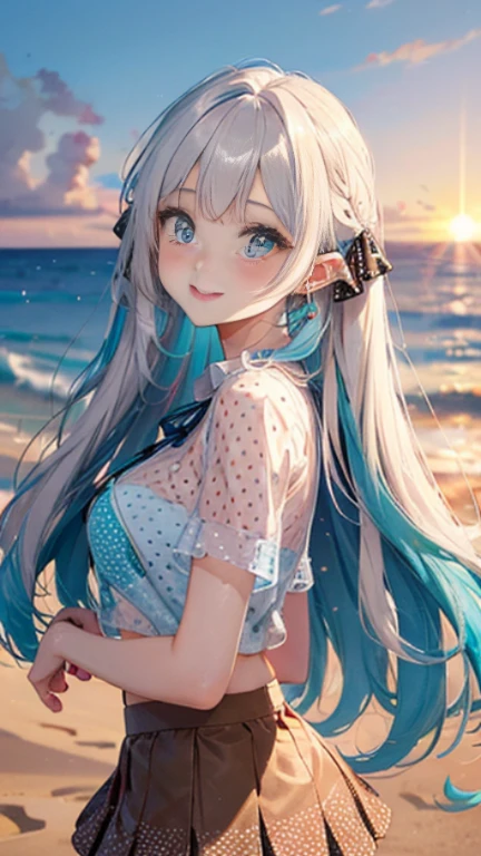 (Glasses)、The arrival of autumn、big butt、big butt、 Super detailed,bright colors, very beautiful detailed anime face and eyes,highest quality, hyper detail, masterpiece, look straight, ;shiny_skin,girl, ((long hair、gradation hair , Half white hair、Half light blue hair: 1.5)) 、forehead is exposed、shiny hair, delicate beautiful face, blush、(turquoise eyes), White skin, Valletta, mature earrings,、sandy beach、sunset、((ribbon、(polka dots、See-through brown mini skirt)))、twin tails、smile、happy face、face dyed red、dynamic、show off your butt