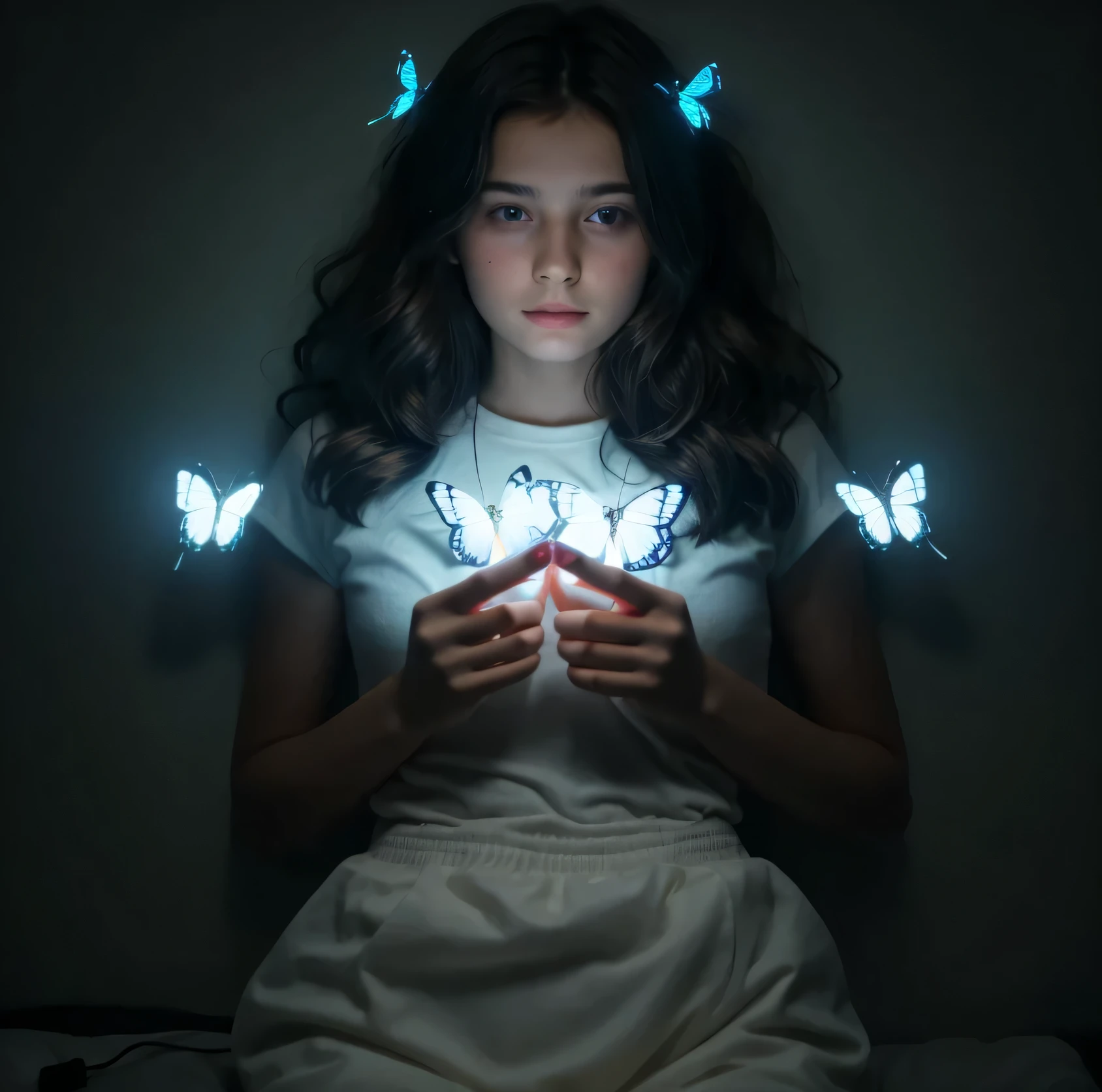 there is a woman holding a butterfly light up in the dark, butterfly lighting,,skinny brandon woelfel, glowing butterflies, a still of an ethereal, by Adam Marczyński, soft butterfly lighting, by Max Dauthendey, with glowing eyes, glowing, light effect. feminine, fanart, glowing blue butterflies, wings made of light, with backlight