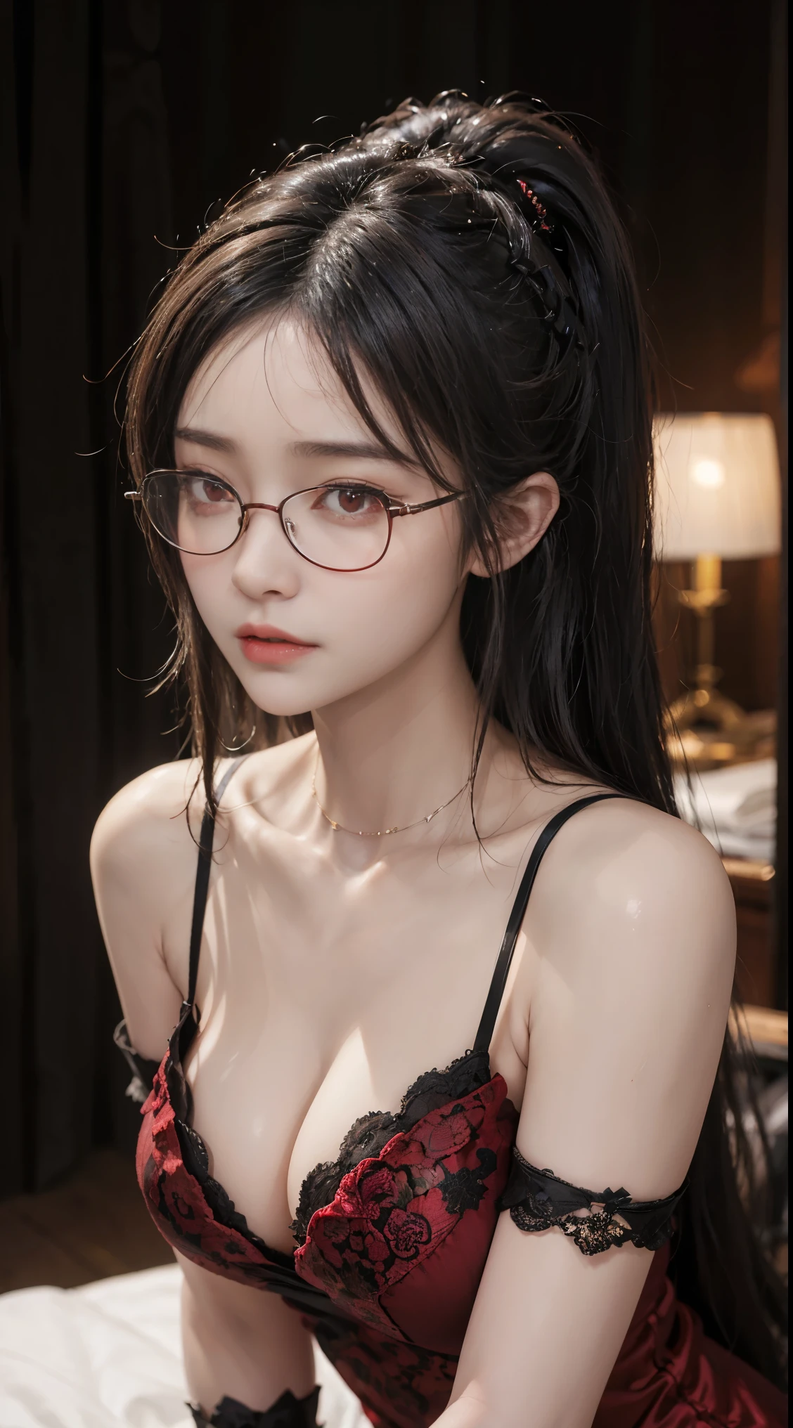 Are you okayですか、(best illustration)、8k UHD resolution、intricate details、highest quality、realistic、Super detailed、best writing、best shadow、soft lighting、ultra hd、Super realistic、Tyndall effect、Photoreal、(high detail skin:1.2)、 (intricate details, compensate, face to face with the children_V1:0.5), (Beautiful and delicate face in every detail, Are you okay, beautiful and delicate eyes, perfectly proportioned face, high resolution skin, fine skin, Optimal ratio of 4 fingers and 1 thumb, arm under chest, red tattoo on lower abdomen、amazing、amazing, wide hips, smooth abdomen, thin and thin skin, __fashion__, __hair__:1.25)、Digital single-lens reflex camera、 absurd、1 Beautiful devil woman from hell, デヴィッド・ホックニーとアルフォンス・ミュシャによる超realistic女性のポートレート, Portrait of a seductive woman、fantasy art, Chinese humanoid robot、chinese actress、dungeon、dragon、devil'palace of、devil'torture chamber、night、dark style 、in the dark、(detailed spooky background:0.8), magic、 1 girl、evil nun、dark necromancer、Succubus、devil'Daughter of、Umi Shinonome、bat wings,(((devil'horn)))、 ((((giant glasses, otaku glasses, thick glasses, round glasses)))),(((big breasts)))、(devil'tail of)、(red eyes shine:1.6)、The eyes are very sharp and detailed, The eyes are very beautifully made up, ((red eyes:1.0)),intricate tattoo, demonic intricate tattoo, thigh tattoo, body tattoo, masterpiece、the most beautiful face、baby face、cute smile、seductive bodyとふっくらとした美しい赤い唇、devil'seductive body、devil style、enchanting black magic costume、The long-haired、Braid、Black hair、Ponytail distortion、, Ponytail with a bow tied at the back of the hair, beautiful expression、body up、big breasts emphasis、bust, super tight chest, Breast augmentation surgery, Breasts are very big and round,tight waist、wide ass、 discreet key, cowboy lens, (red phoenix dress: 1.0), devil'Crown of, red gemstone necklace、Jewelry Gwise, wearing black mesh socks,wearing light red、nffsw, nffsw, Meeting beautiful girls, look at the girl'body of,