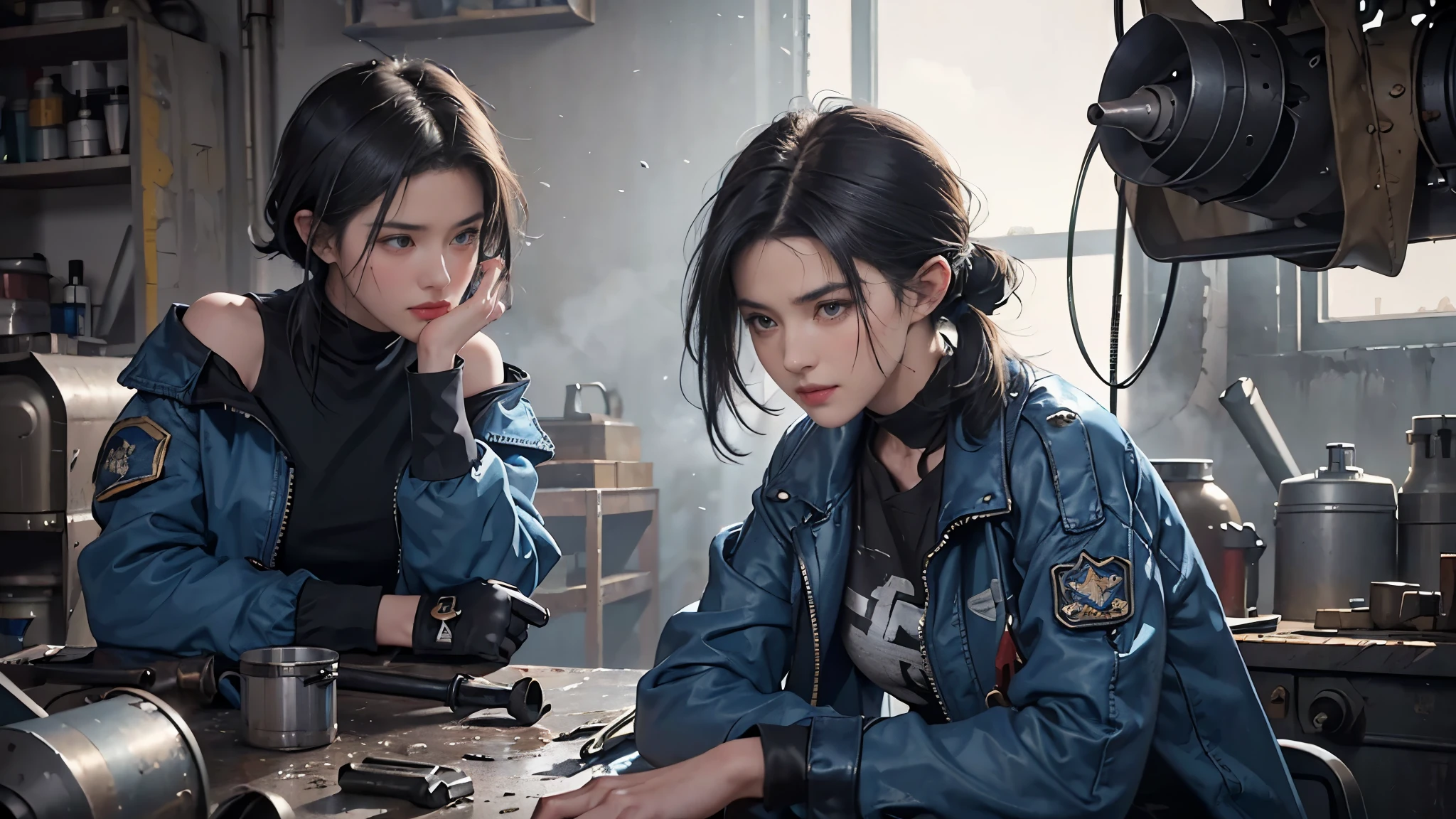 ((best quality)), ((masterpiece)), (detailed),a girl,solo,small head,small face,slim,thin,mesmerizing and alluring female mechanic covered in grease,Confident smile
, (Dirty and rugged charm:1.2), (tough and confident demeanor:1.1), (mechanical expertise:1.3),((disheveled shoulder-length straight black bob hair)),((short pony tail)),smudged face with a playful smirk, (stained blue jacket and blue pants clinging to her curves), (gritty tools of the trade:1.2), cluttered repair shop, scattered fighter plane parts, (authentic fighter plane ambiance:1.2), (intense gaze:1.1), gripping a wrench in her dirty hands, 8k resolution,looking at another, looking away,masterpiece, best quality,Photorealistic, ultra-high resolution, photographic light