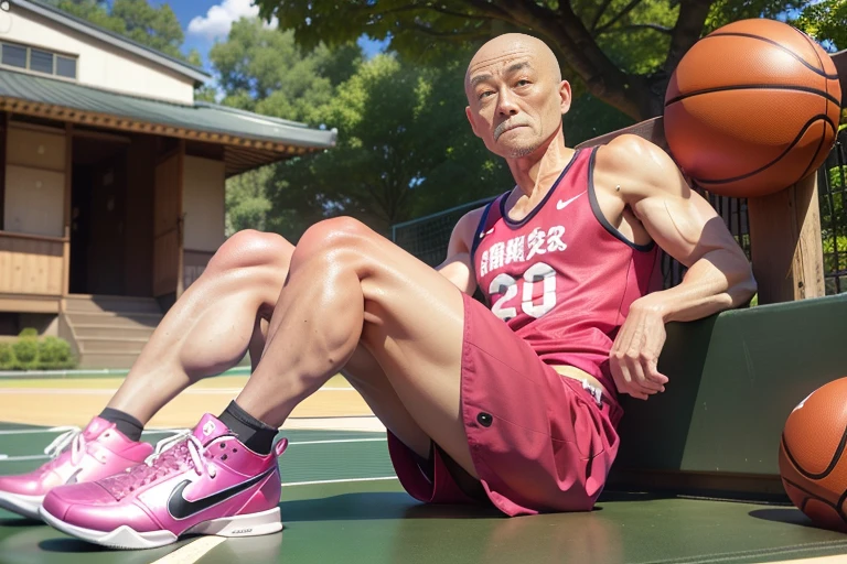 50歳の中年male性，male，Grandpa，Height 195，Japanese，bald,sitting on the sofa，god&#39;s perspective，Our eyes almost meet，muscle tissue，raise one leg，Wearing a pink Nike basketball vest，hot pink basketball shorts，The basketball suit has the number 12 written on it，Hot pink Nike high leg basketball shoes，code，Lock，Ferocious and ferocious，The background is outdoors，no basketball，Please place your hands on your knees