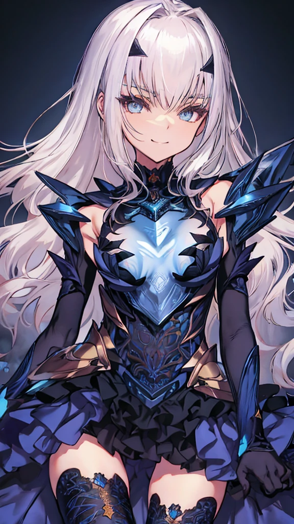 NSFW,highest quality,High resolution, Super detailed,game CG,dutch angle,detailed and beautiful eyes,beautiful girl,chest focus,(enchanting smile), (spread your legs), (raise your legs), armor, 装甲dress, Black dress, 黒いgloves, Blue Armor, Blue dress, breastplate, dress, drop down, gloves, mask, pauldron, 短いdress, shoulder armor,