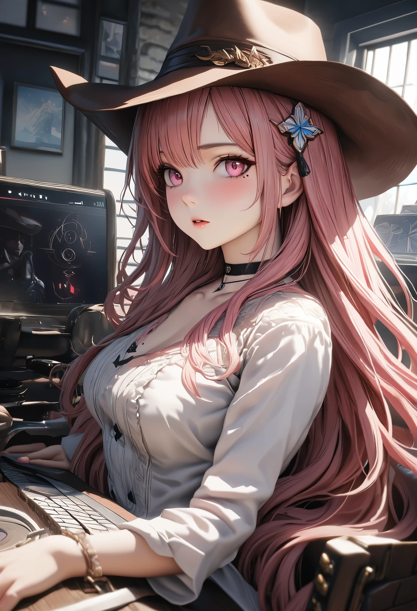 masterpiece,highest quality, Super detailed, High resolution, expensive resolution, HDR, 4k, 8K, unity 8k wallpaper, Super detailed CG, masterpiece, realistic, 2D, 3D, beautiful details, depth, fine texture , super fine: 1.3, Fully focused, Crispy.skin, .he,
Very cute anime girl 、cowboy styleの衣装、cowboy hat、cowboy boots テキカン 荒野、duel、long swordを持つ、Pink semi-long hair wearing expensive , one girl、alone, Pink semi-long hair, cowboy style、cowboy hat、long sword、duel、cowboy boots、computer、disk、mole under the eye, looking at the viewer , expensive , blush, mole, parted lips, hair ornaments, heart, pink eyes, choker