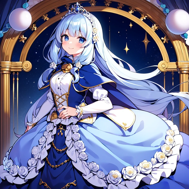 (kawaii),(masterpiece),(best quality),(ultra detailed), upper body, rococo style,(long train deep blue cape:1.15),(very long cape),(long train white ball gown with flower decorations:1.05), a girl is wearing a cape over her gown, 1 little princess, tiara, smile, very long hair