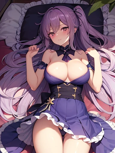 chef-d'artwork,best quality,8K,khd,1 fille allemande,humain ,Asuka Langley Soryu,((exquisite details)),,jeune,seul,Pauvre Chuchu, Huge neckline:2,Mes yeux pétillent, yeux petillants et doux,(yeux brillants de lumière:1.233),((cheveux longs violet pale)),Montre tes jambes, sourire desireux, Bouche ouvert,((robe en gaze marine transparente,very light gauze skirt, lying in bed, lying on the back, bras au dessus de la tete,Pas de soutien-gorge,riches bijoux en argent, chambre, lit)),(Beautiful and detailed eyes:1.3,regarde la caméra),rougir, scarlet cheek, lying in bed,fille embarasser, fille honteuse, embarrassed girl, Rear Lens:1.3, position sexy, position sexuelle, vetement ouvert, pied nu, dakimakura, nude, lift skirt