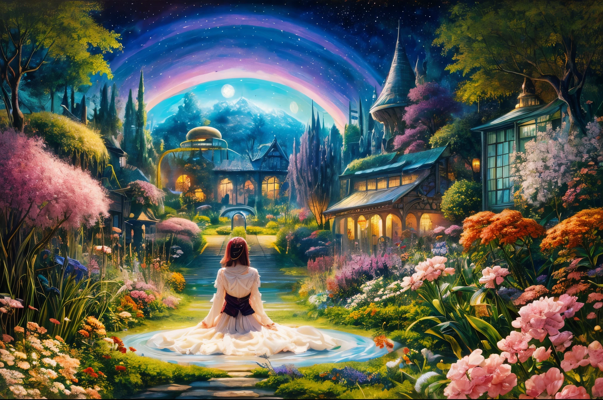 "((surreal)) Calm painting ((girl)) Enjoy tea in a fantastical garden, Vivid galaxy background, An intricate train winding its way through heavenly flora, dreamy atmosphere, fantastic colors, ((fantasy)) scene