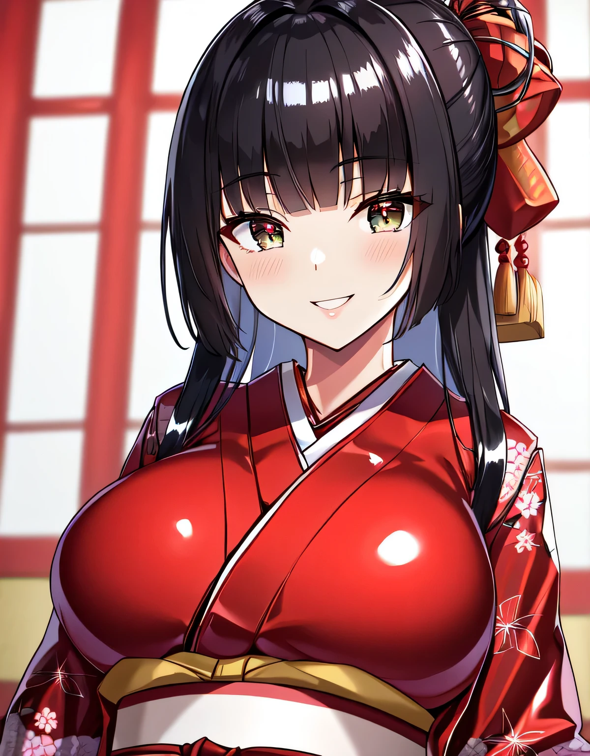 (large breasts:1.5),shiny,hair,((solo)),((masterpiece)),((best quality)),perfect anatomy,slim waist,perfect image,8k UHD,(beautiful detailed eyes:1.5),extremely detailed face,standing,(upper body:1.1),(look at the front:1.1),arms behindback,ultra-detailed,absurdres,highres,(shiny red kimono:1.5),(shiny:1.5),(shiny hair),black hair,semi-long hair,outdoors,((blunt bangs)),((sensitive smile),(shiny red pvc japanese clothes:1.5),