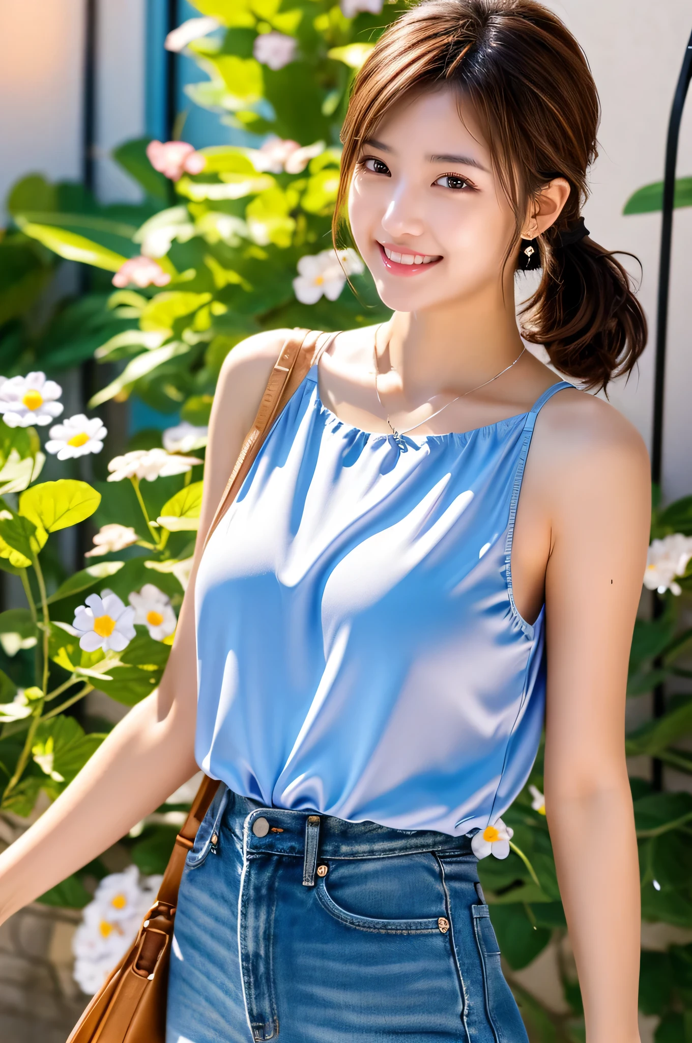 (Best Quality, 8K, 32K, Masterpiece, UHD:1.2), Photo of Pretty Japanese woman,(anime illustration:1.5), Full body, (most immense breasts:1.2), sexy body, perfect girl, face details, slim body:2, professional lighting, dynamic angle, perfect hands, BREAK 1girl, cute, POV, cosmetics-free, standing, , casual, summer clothes, cute blouse:1.2, sleeveless, holding school bag:1.2, (Shiny reddish brown short hair ponytail, Floating hair:1.3),, (hairpin, hair ornament:1.2), (decorations:1.2), sunlight, challenging, smile, (detailed background:1.2), beautiful sky, cumulonimbus, lens flare, beautiful detailed flowers, Nemophila field, (petals:1.3), wind,
