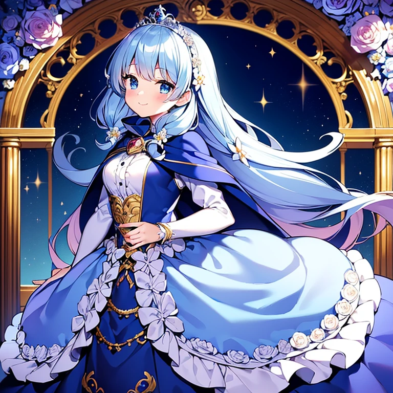 (kawaii),(masterpiece),(best quality),(ultra detailed), upper body, rococo style,(long train deep blue cape:1.15),(very long cape),(long train white ball gown with flower decorations:1.05), a girl is wearing a cape over her gown, 1 little princess, tiara, smile, very long hair