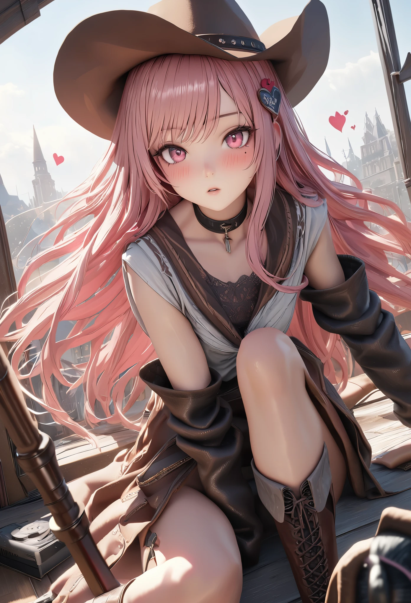 masterpiece,highest quality, Super detailed, High resolution, expensive resolution, HDR, 4k, 8K, unity 8k wallpaper, Super detailed CG, masterpiece, realistic, 2D, 3D, beautiful details, depth, fine texture , super fine: 1.3, Fully focused, Crispy.skin, .he,
Very cute anime girl 、cowboy styleの衣装、cowboy hat、cowboy boots テキカン 荒野、duel、long swordを持つ、Pink semi-long hair wearing expensive , one girl、alone, Pink semi-long hair, cowboy style、cowboy hat、long sword、duel、cowboy boots、computer、disk、mole under the eye, looking at the viewer , expensive , blush, mole, parted lips, hair ornaments, heart, pink eyes, choker