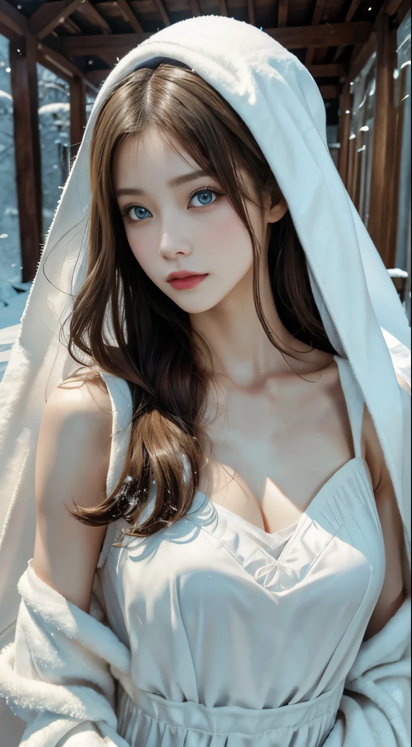 (8K,Raw photo,best quality,highest resolution,masterpiece:1.2),(Realistic,Realisticな写真:1.4),Hide your face with sadness,
lolita costume,race,Aerith Gainsbourg,Upper body,upper limbs,race,underwear,exposed bare shoulders,outside,(outside,covered with snow,cloak),expensive、expensive品質,adobe light room,high detail skin,looking at the viewer,Clear lapis lazuli eyes,Slender body with big breasts,golden ratio body,perfect anatomy,