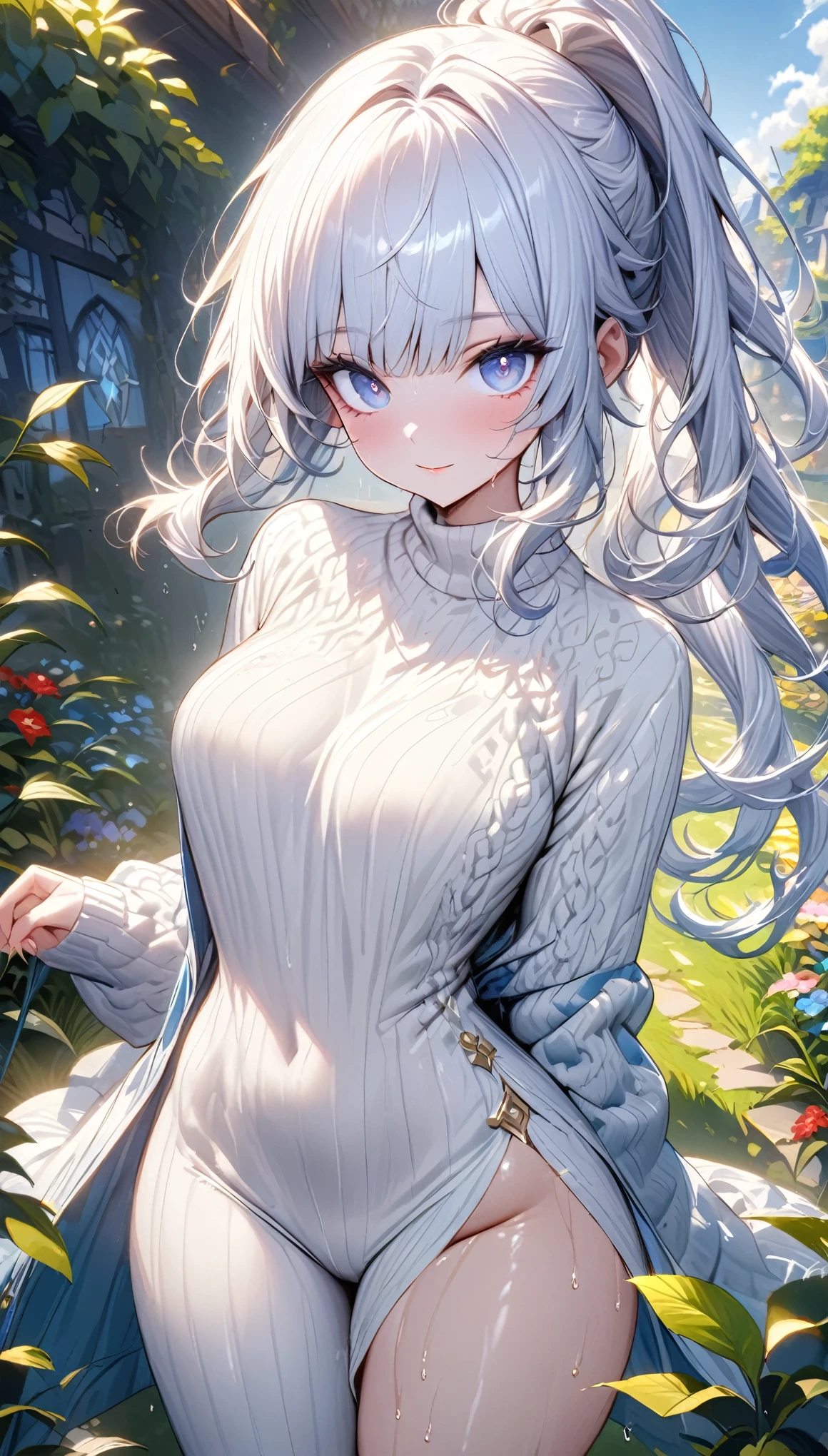 ayaka genshin impact, (masterpiece:1.2), (highest quality:1.2),, Curvy but slender body, perfect eyes, perfect face, perfect lighting, 1 girl, in the garden, (The whole body is visible),(walking),(knitted sweater),(cute gesture),(smile),(ponytail),curly hair, Fine clothes, Detailed outdoor background, compensate, eye shadow, thick eyelashes, fantasy, looking at the viewer, whole body, blue sky、Bright and very beautiful face、young shiny glossy white shiny skin、the best beauty、The most beautiful bright blonde hair in the world、silver hair、long ponytail hair、Shining beautiful bangs、Glowing crystal clear big blue eyes、Very beautiful lovely 17 year old most beautiful girl in the world, no bra, close up until hips, no bra, moderate breast, wet crotch, side