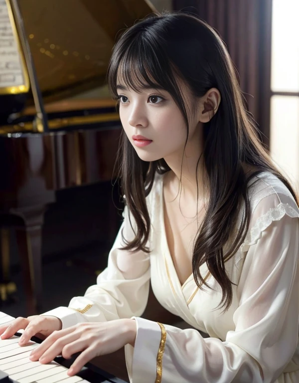 (1 girl)、best quality、masterpiece、ultra high resolution、(Photo realism:1.4)、original photo、(1 girl面向黑色的鋼琴、Straight, black hair、Delicate hair details)、(a black piano、Girl fingers on piano keys、Delicate finger details)shadow、octane rendering、8K、Super sharp、(breast、long sleeve、White tulle、Portrait silk pajamas、Delicate silk details)、(Girl playing piano fingers、Very fine finger details)、realistic light、(There is only one piano in the practice room、girl shining eyes、Looking in the direction of the piano)、小LED、(Girl turning sideways towards the piano.Playing piano with hands on keys.Delicate details of fingers on piano keys)