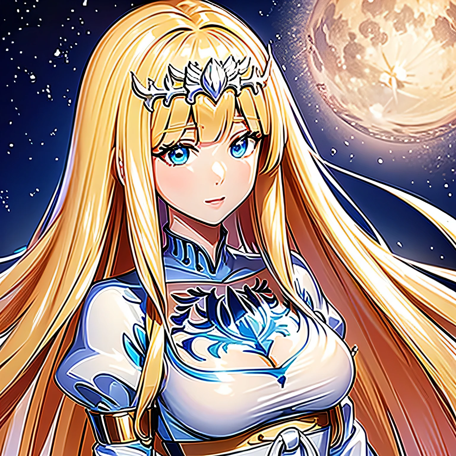 (masterpiece, highest quality, highest quality, official art, beautiful and aesthetic:1.2), (1 girl), very detailed,(fractal art:1.3),colorful,most detailed,blonde long hair,Moonlight night,rose, 1girl,solo, Calca, Calca Bessarez, blonde hair, extremely long hair, very long hair, white tiara, silver tiara, white dress, blue eyes, medium chest