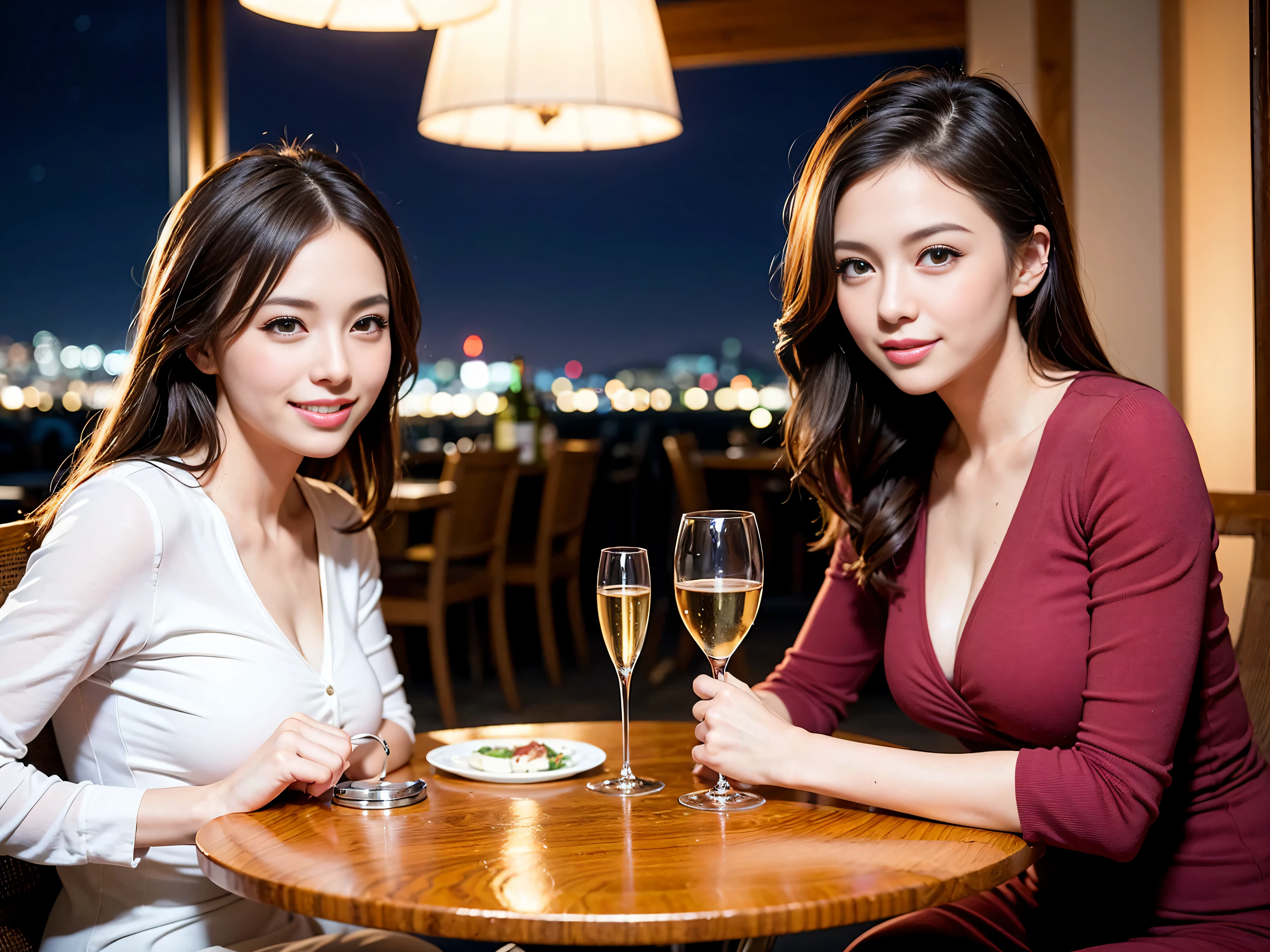 (K UHD, nffsw, top quality, table top: 1.2), (realistic, realistic: 1.37), Spectacular view of the sunset sky and clouds、Amazing mountain views、A bright smile、A lovely woman with a smile、The woman&#39;s face is bright、fox face、lady、Wine Party、hors d'oeuvre、2 beauties、brown hair、shortcut、long sleeve shirt、winter fashion、dress、Japanese、Englishman、Dutch、German、Belgian、Italian、French,wine bottle、hors d'oeuvre、Champagne、sparkling wine、Pretty Woman 1, (slim face), (Because I&#39;m slender), (brown hair), (shortcut), cheeks turn a little red, (40 years old), 38 years old, attractive beauty、, A beautiful and detailed night view spreads out outside the window.........., restaurant, sitting in a wine glass, At night, in a prominent place (from the waist up) nova frog style, actress, model, Upper body, White wine, slim, wine glass, very beautiful night view, wine glass placed in the middle, Smile, (smile: 1.15), beautiful small eyes, 