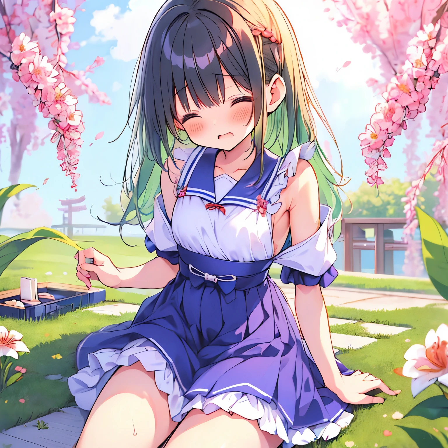 ((日本人のgirl1人、aldult)), ( petite)), twin tailasterpiece, 最high quality, high quality, Highly detailed 8K wallpaper,flower garden、picnic、Green Hair、Tropics、intense heat、heavy breathing、Breathing、Sweat、cute girls、Cute Japanese maid、Kappogi、ruffle apron、dynamic pose、Pick up the skirt、(Close ~ eyes、small mouth、kissing face)、small breasts、waiting for a kiss、No correction、(girl、Classmate、squid belly、Kappogi)、（No underwear）、beautiful flat chest、（激しいSweat）、(Saliva volume:1.4）、(female primary school student、Cute Armpits、Before menarche、cute thighs、cute pants）、（Stroking the stomach:1.2）、(embarrassed face、blushing face）、（On a date、sit on the ground）、（My chest trembles）、Life-size、in front of the camera、Inner thigh sitting、Hands holding down skirt