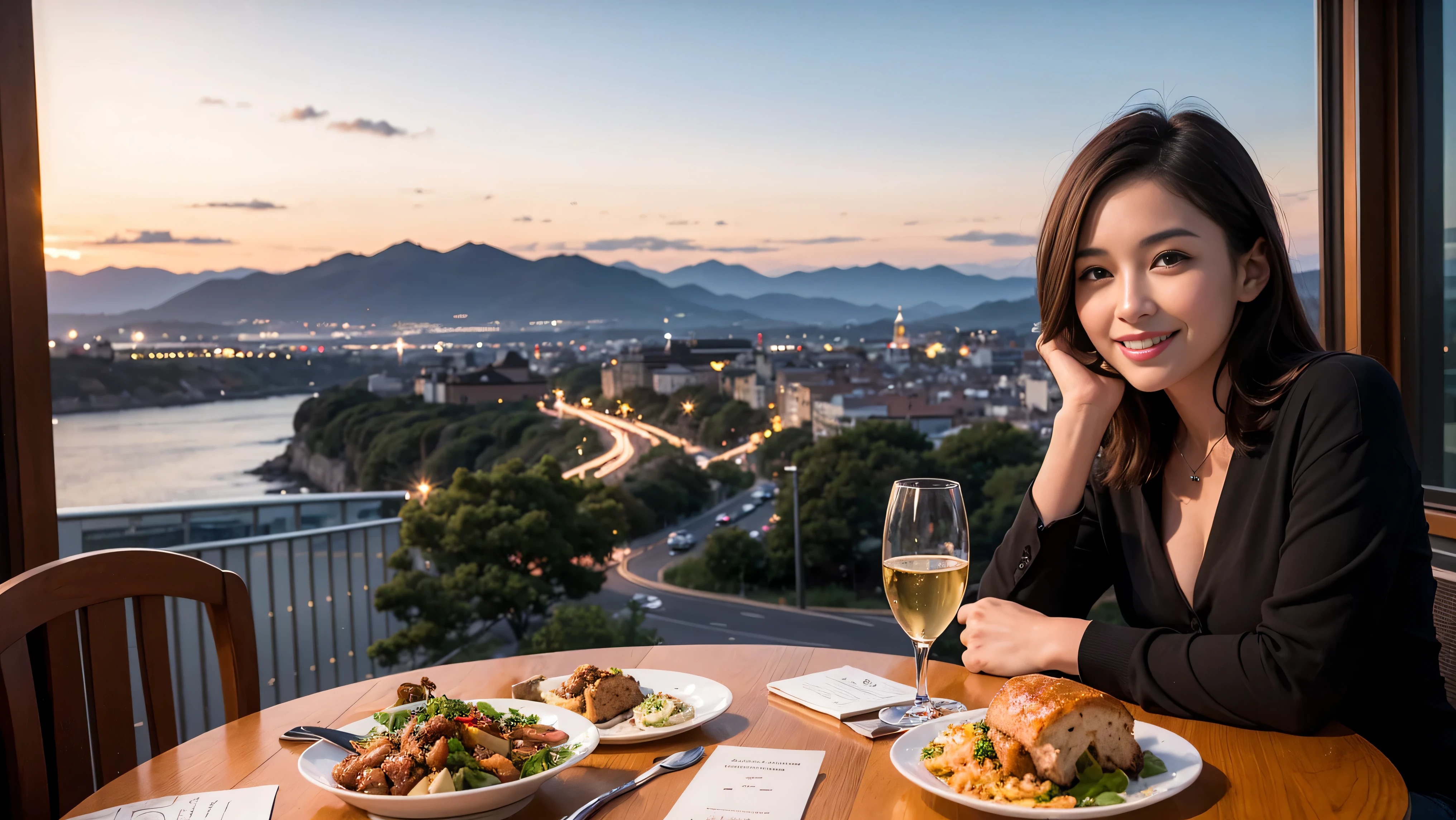 (K UHD, nffsw, top quality, table top: 1.2), (realistic, realistic: 1.37), Spectacular view of the sunset sky and clouds、Amazing mountain views、A bright smile、A lovely woman with a smile、The woman's face is bright、fox face、lady、Wine Party、hors d'oeuvre、Italian food、2 beauties、brown hair、shortcut、long sleeve shirt、winter fashion、dress、Japanese、Englishman、Dutch、German、Belgian、Italian、French,wine bottle、hors d'oeuvre、Champagne、sparkling wine、Pretty Woman 1, (slim face), (Because I'm slender), (brown hair), (shortcut), cheeks turn a little red, (40 years old), 38 years old, attractive beauty、, A beautiful and detailed night view spreads out outside the window.........., restaurant, sitting in a wine glass, At night, in a prominent place (from the waist up) nova frog style, actress, model, Upper body, White wine, slim, wine glass, very beautiful night view, wine glass placed in the middle, Smile, (smile: 1.15), beautiful small eyes,
