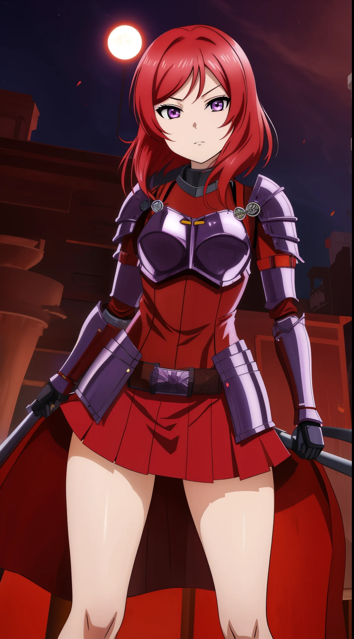Nishikino maki , cowboy shot, (armor:1.2), miniskirt, thighs, solo, (standing:0.8), purple eyes