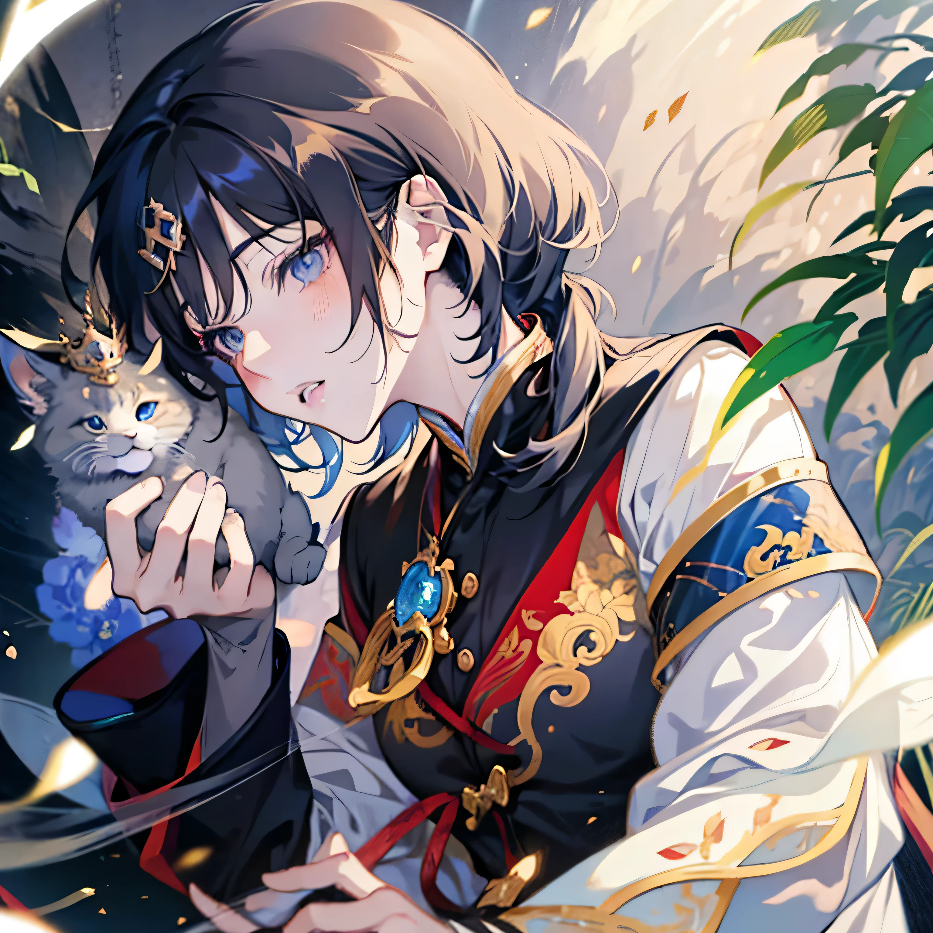 Anime girl with a cat in her hands, beautiful androgynous prince, Genshin, keqing from Genshin impact, zhongli from Genshin impact, delicate and androgynous prince, Demon slayer art handsome man, Detailed anime original drawing, fantasy style anime, black haired magician, Genshin impact character, light novel cover picture, anime fantasy illustration