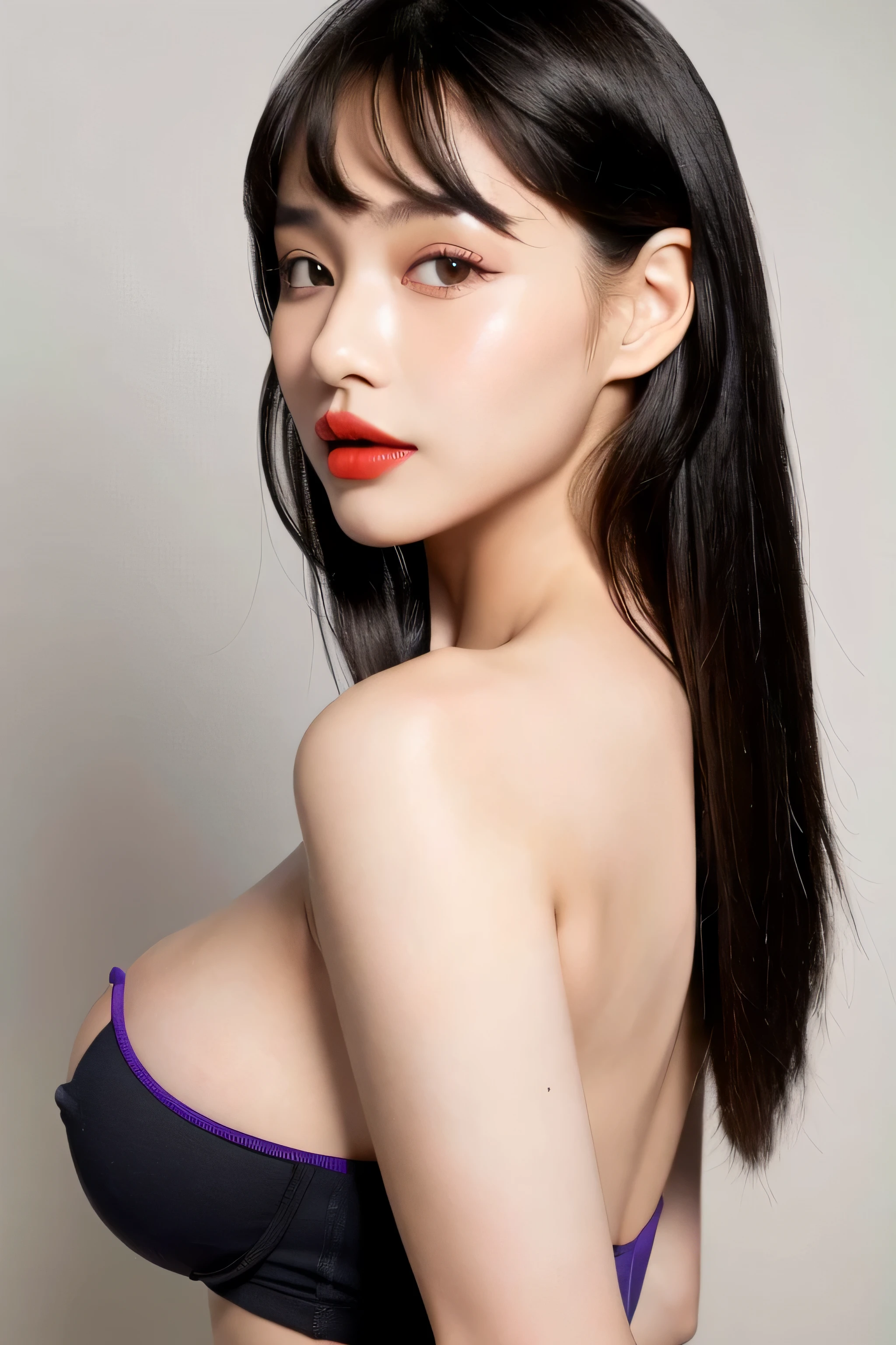 ((highest quality)), ((masterpiece)), (be familiar with), perfect face ((highest quality)), ((masterpiece)), (be familiar with), perfect face arafed woman with long black hair standing in front of a wall, long black shiny hair, black silky hair, Extra Dark Natural Black Hair, long straight black hair, long black straight hair, Perfect silky straight hair, straight black hair, long black hair, her hair is long and straight, detailed long black hair (Extremely huge breasts 1.10) (super long hair up to waist 1.50) One female () ((The sexiest 15 year old women in Japan)) neat bangs The neatly arranged bangs are a princess cut that covers the entire forehead. bright red lips detailed hands detailed fingers five fingers (narrow mouth) (sexy makeup) (bright red lip) (head facing forward) (using lip gloss) Sitting on the bed Hands are touching the crotch professional photographer five fingers Detailed hair quality detailed skin texture sensual look erotic expression expression of pleasure Take a picture of the whole body (not wearing any clothes) (Completely naked) not looking at the audience nipples are erect narrow eyes long eyes Rear view (Too big 1.10) (Extra Large 1.8) (biomechanics big breasts 1.10) (超Extra Large 1.10) (Narrow nose width) (purple bra) (purple panties) (extensions on eyelashes) (eyebrow is purple) (black eyeliner)