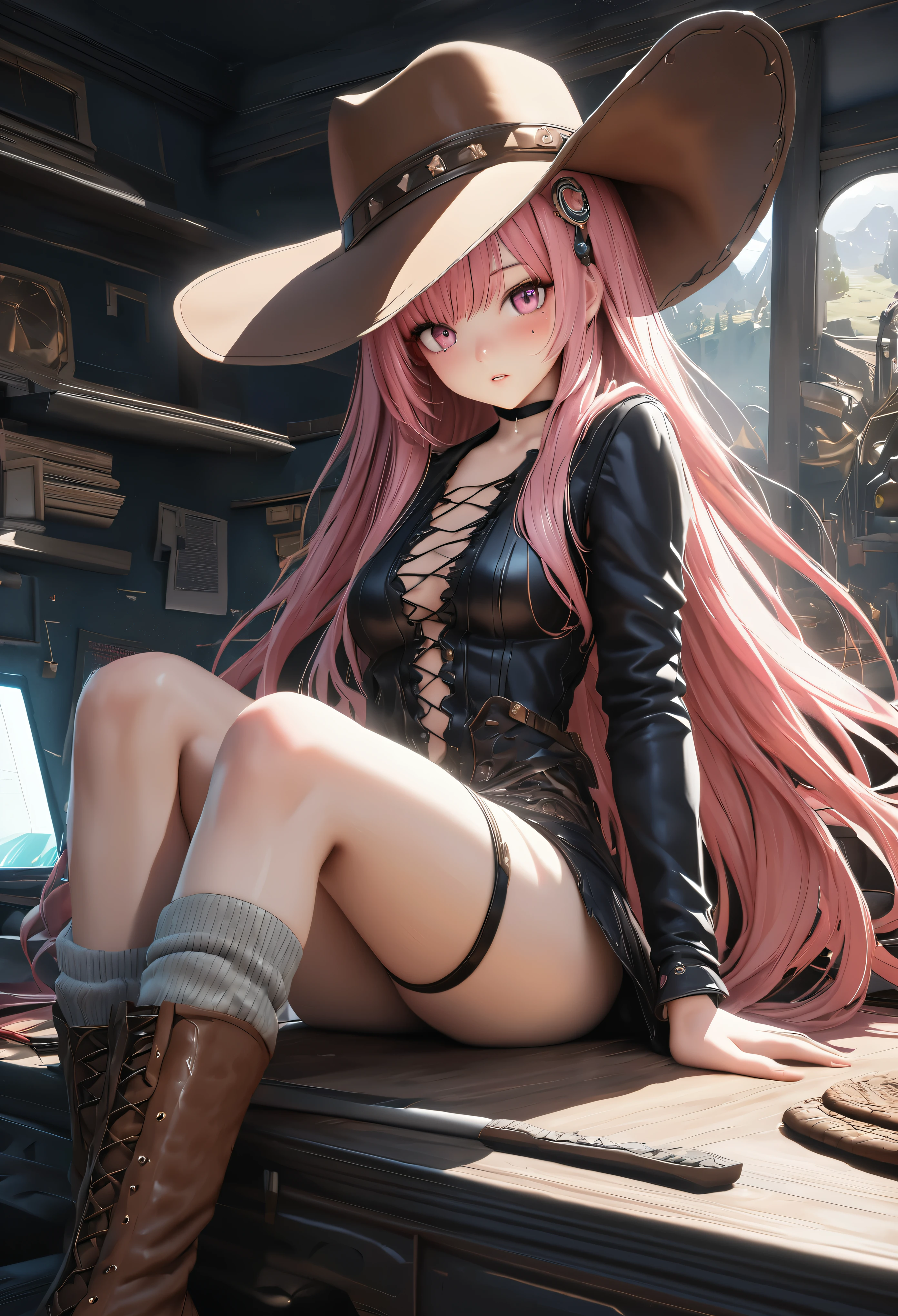 masterpiece,highest quality, Super detailed, High resolution, expensive resolution, HDR, 4k, 8K, unity 8k wallpaper, Super detailed CG, masterpiece, realistic, 2D, 3D, beautiful details, depth, fine texture , super fine: 1.3, Fully focused, Crispy.skin, .he,
Very cute anime girl 、cowboy style costume、cowboy hat、cowboy boots technic wilderness、duel、long swordを持つ、Pink semi-long hair wearing expensive , one girl、alone, Pink semi-long hair, cowboy style、cowboy hat、long sword、duel、cowboy boots、computer、disk、mole under the eye, looking at the viewer , expensive , blush, mole, parted lips, hair ornaments, heart, pink eyes, choker
