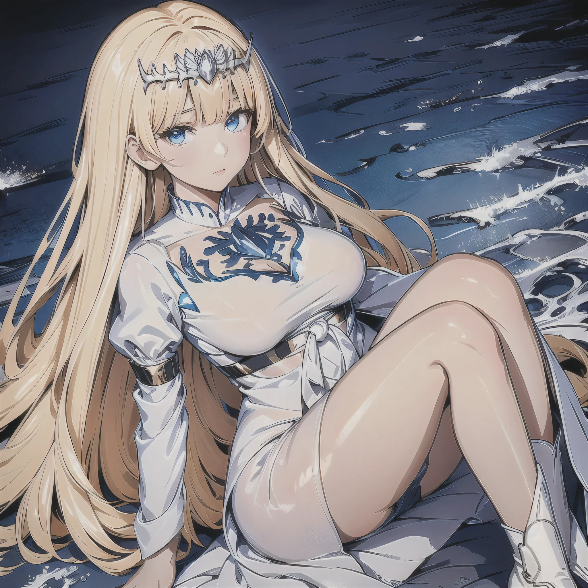 Masterpiece, Best Quality, Official Art, Beautiful, Lively Textures, Unique Visuals, Spectacular Details, Very Detailed CG, Solidarity Cooperation, 8K Wallpapers, Extremely Beautiful Eyes, Best Quality, Details First, Super Delicate, High Quality, 1girl,solo, Calca, Calca Bessarez, blonde hair, extremely long hair, very long hair, white tiara, silver tiara, white dress, light blue eyes, medium chest