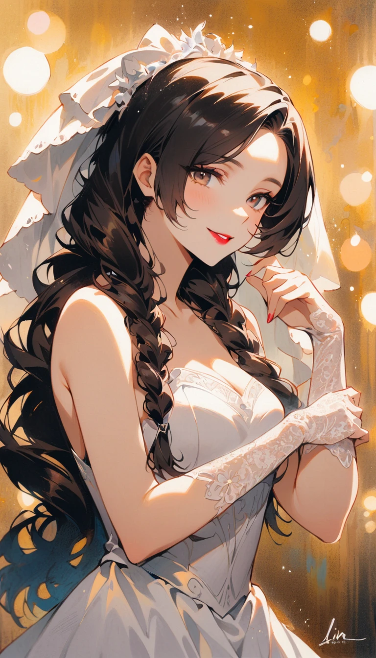 Lin Mingmei, 1 girl, alone,Smile, small breasts, Bokeh,depth of field, monochrome, braid, looking at the audience, skirt,sexy pose, long hair, traditional media, sign, Bangs, cosmetic, black hair, Upper body, lipstick, drill hair, artist name, twin braids, Wedding dress,lace gloves, sleeveless