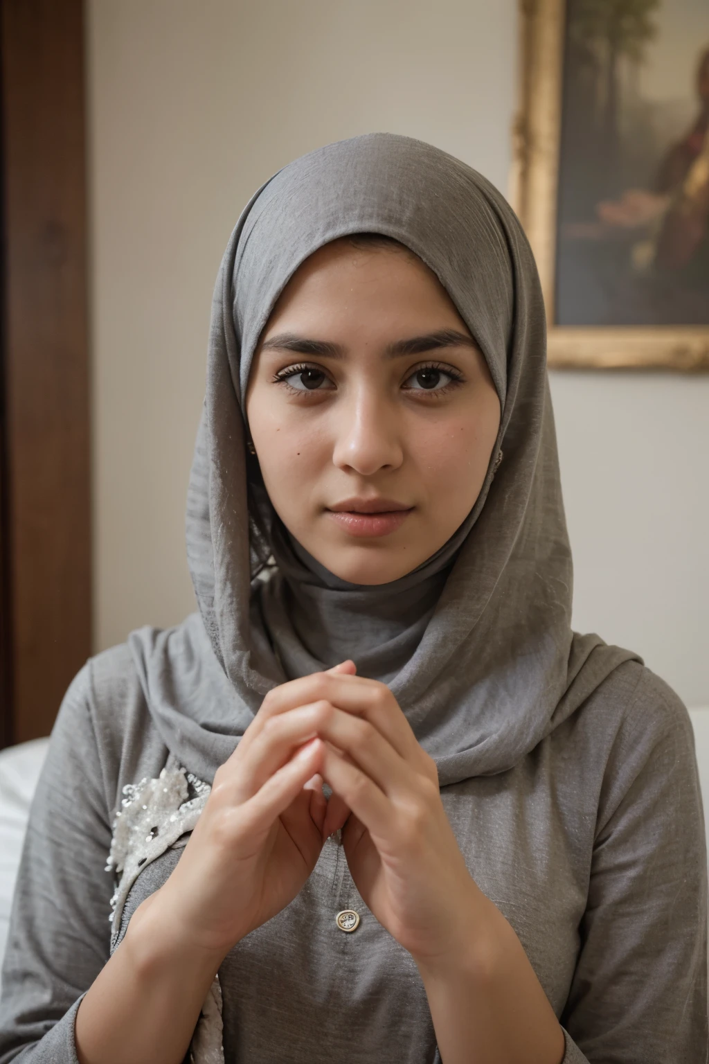 an arab girl in hijab taking a frame in her hands ((best quality)), ((masterpiece)), (detailed), perfect face