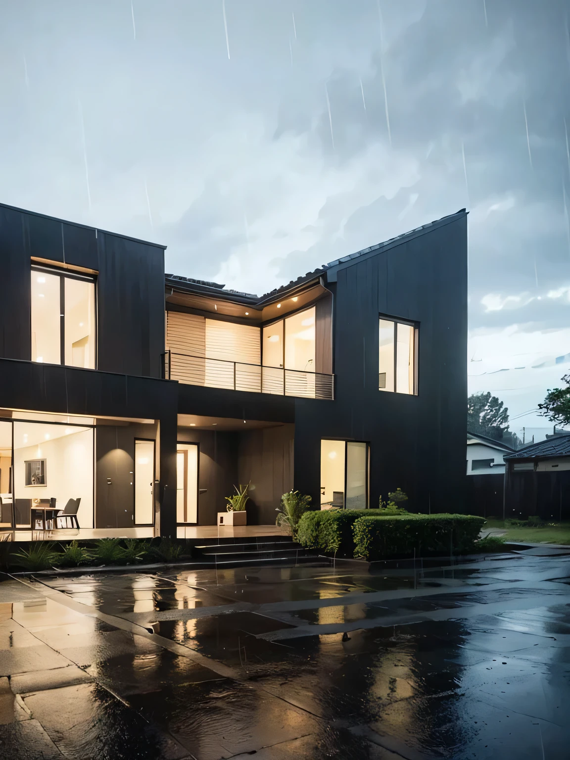arafed modern house with a large front yard and a brick walkway, Exterior design, high quality rendering, Wide angle exterior 2022, Inter Dimension Villa, Japanese-style house, professional rendering, Black House, A house, award-winning render, Housing Design, architectural rendering, Dark and modern, Modern house, modern style, Minimal Modern, modern house、((heavy rain:1.4))、