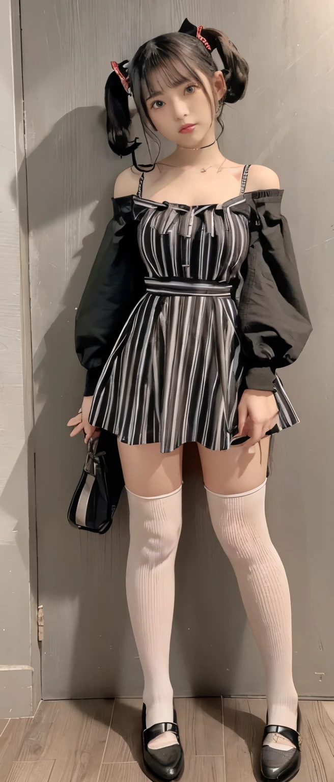 Dark fairytale punk idol girl、、Red and white striped mini dress(off shoulder)、tall、good style、whole body、、、、pig tail、stripedsocks