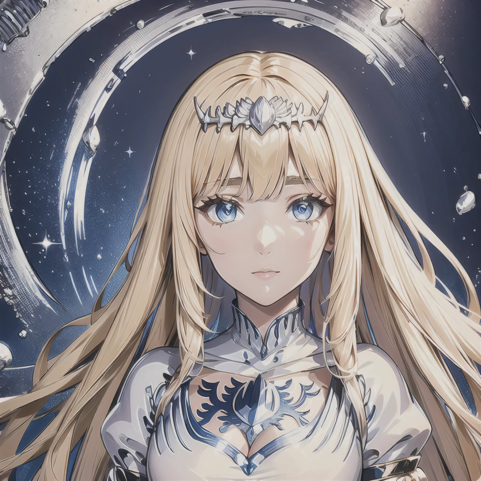 Masterpiece, Best Quality, Official Art, Beautiful, Lively Textures, Unique Visuals, Spectacular Details, Very Detailed CG, Solidarity Cooperation, 8K Wallpapers, Extremely Beautiful Eyes, Best Quality, Details First, Super Delicate, High Quality, 1girl,solo, Calca, Calca Bessarez, blonde hair, extremely long hair, very long hair, white tiara, silver tiara, white dress, light blue eyes, medium chest